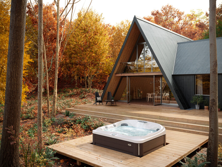 6-person hot tub on a deck in the fall